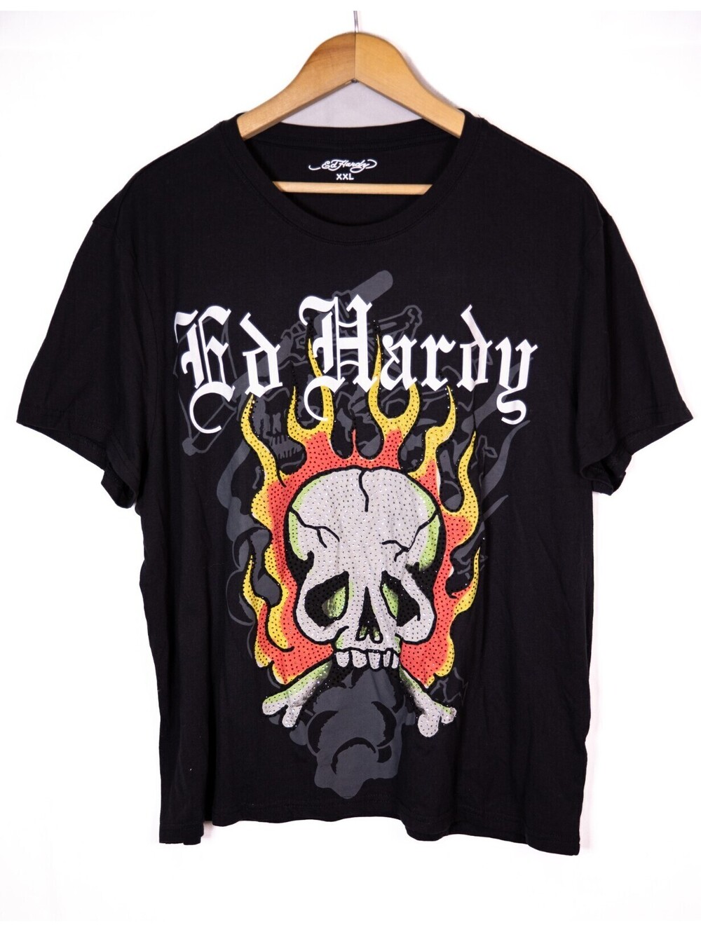 Ed Hardy Flame Skull Y2K Rhinestone Double-Sided Black T- Shirt Men's 2XL